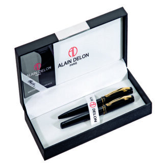 Σετ Στυλό με Πένα Alain Delon Elite 6621 Μαύρη λάκα Χρυσό Διακοσμητικό Διχρωμία Ροδίου Broad Nib 