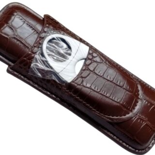 Πουροθήκη δέρμα κροκό καφε για δύο πούρα με ενσωματωμένο Πουροκόφτη big ben